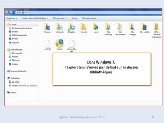 L'écran Démarrer



             Certaines tuiles sont dynamiques et permettent de présenter des
             informations à l’écran sans même avoir besoin d’entrer dans
             l’application. C’est par exemple le cas de l’application Météo, qui indique
             en permanence la température actuelle dans votre ville, ou encore de
             l'application Actualités




07/02/2013                        @telier - Médiathèque de Lorient - 2013                  42
 