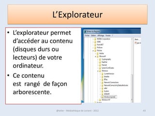 Le Bureau est la partie « classique » de Windows 8




07/02/2013           @telier - Médiathèque de Lorient - 2013   43
 