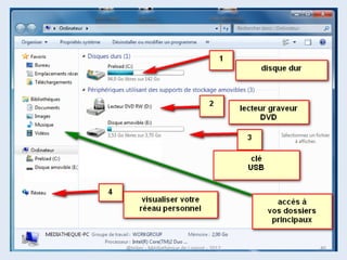 Menu : power user
• Pour en finir avec les coins actifs, effectuez un
  clic droit dans le coin inférieur gauche pour
  afficher un menu « power user » qui pourra
  s'avérer pratique pour accéder directement
  aux principales sections ou à l'accueil du
  panneau de configuration, au gestionnaire des
  tâches, à l'explorateur Windows ou encore à la
  fonction Exécuter.

07/02/2013       @telier - Médiathèque de Lorient - 2013   46
 