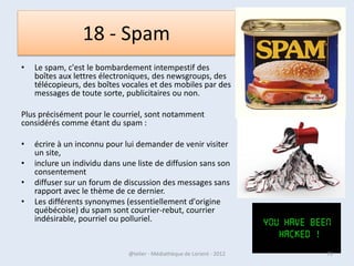 6 - Gérer les dossier et les fichiers
• Les dossiers et les fichiers sont principalement gérés
  dans l’explorateur.
• Un clic-droit permet d’ouvrir un menu. Ce menu sera
  différent si vous faites le clic-droit sur du « vide » ou
  sur un fichier ou sur un dossier.
• Dans ce menu, vous pourrez trouver entre autre des
  fonctions comme
  « copier », « coller », « renommer », « supprimer », et
  « nouveau ».
• Si vous faite un clic-droit dans une zone vide de la
  fenêtre et que vous survolez « nouveau » (mettre le
  curseur dessus) un autre menu vous propose par
  exemple « dossier » ou « fichier texte »
07/02/2013          @telier - Médiathèque de Lorient - 2013   79
 