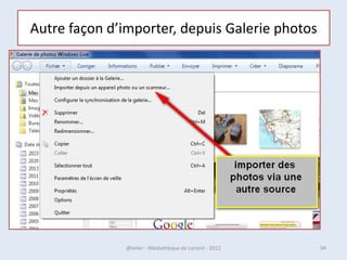 7 - Fichier
•   Un fichier informatique est une collection d'informations numériques réunies sous
    un même nom, enregistrée sur un support de stockage tel qu'un disque dur, un CD-
    ROM, un clé USB, en ligne …
•   En vue de faciliter leur localisation, les fichiers sont classés dans des systèmes de
    fichier: organisations hiérarchiques de catégories appelées par analogie répertoires
    ou dossiers.
•   Le nom du fichier sert à décrire le contenu. Ce nom comporte souvent un suffixe -
    l´extension, qui renseigne sur la nature des informations et le logiciel utilisé pour
    les manipuler.




07/02/2013                    @telier - Médiathèque de Lorient - 2013                 94
 