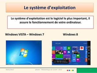 Le système d’exploitation

      Le système d'exploitation est le logiciel le plus important, il
             assure le fonctionnement de votre ordinateur.


Windows VISTA – Windows 7                                          Windows 8




09/02/2013               @telier - Médiathèque de Lorient - 2013               13
 