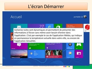 L'écran Démarrer



             Certaines tuiles sont dynamiques et permettent de présenter des
             informations à l’écran sans même avoir besoin d’entrer dans
             l’application. C’est par exemple le cas de l’application Météo, qui indique
             en permanence la température actuelle dans votre ville, ou encore de
             l'application Actualités




09/02/2013                        @telier - Médiathèque de Lorient - 2013                  42
 