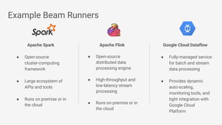 Example Beam Runners
Apache Spark
● Open-source
cluster-computing
framework
● Large ecosystem of
APIs and tools
● Runs on premise or in
the cloud
Apache Flink
● Open-source
distributed data
processing engine
● High-throughput and
low-latency stream
processing
● Runs on premise or in
the cloud
Google Cloud Dataflow
● Fully-managed service
for batch and stream
data processing
● Provides dynamic
auto-scaling,
monitoring tools, and
tight integration with
Google Cloud
Platform
 