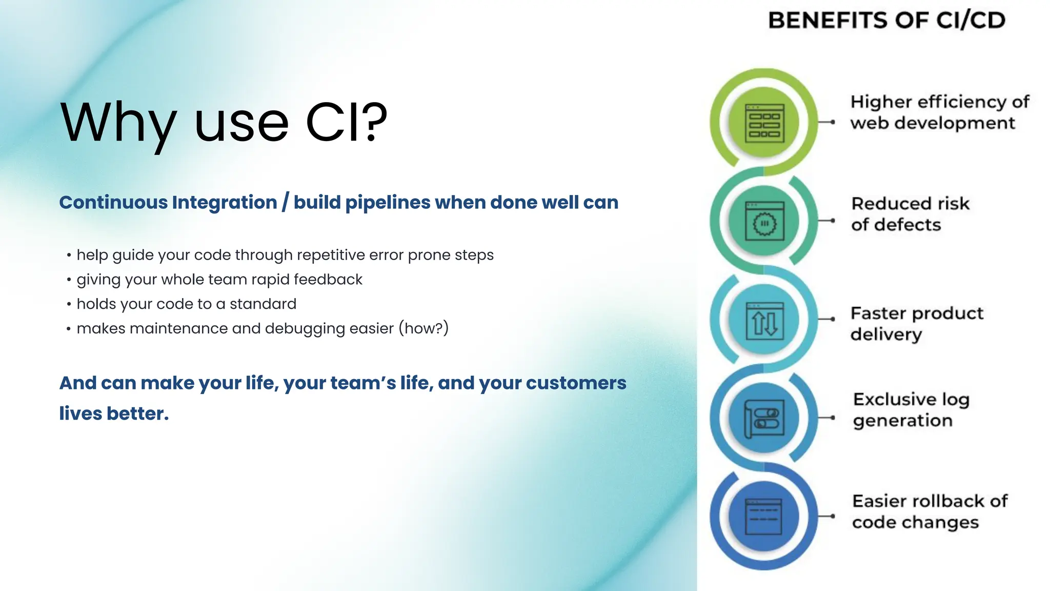 And can make your life, your team’s life, and your customers
lives better.
• help guide your code through repetitive error prone steps
• giving your whole team rapid feedback
• holds your code to a standard
• makes maintenance and debugging easier (how?)
Continuous Integration / build pipelines when done well can
Why use CI?
 