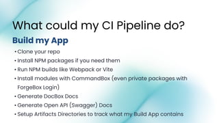 • Clone your repo
• Install NPM packages if you need them
• Run NPM builds like Webpack or Vite
• Install modules with CommandBox (even private packages with
ForgeBox Login)
• Generate DocBox Docs
• Generate Open API (Swagger) Docs
• Setup Artifacts Directories to track what my Build App contains
Build my App
What could my CI Pipeline do?
 