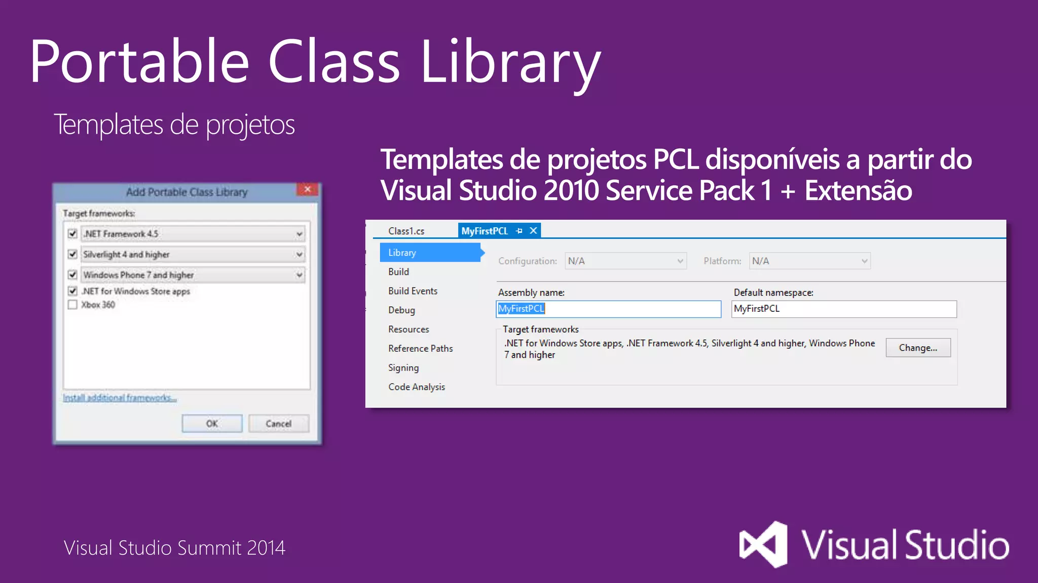 Visual Studio Summit 2014
Portable Class Library
Templates de projetos
Templates de projetos PCL disponíveis a partir do
Visual Studio 2010 Service Pack 1 + Extensão
 