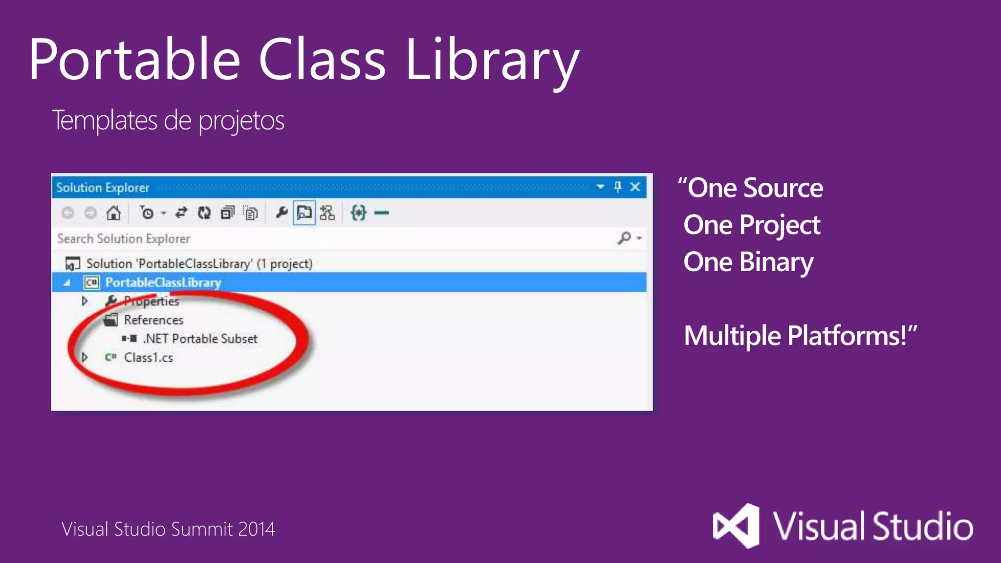 Visual Studio Summit 2014
Portable Class Library
Templates de projetos
“One Source
One Project
One Binary
Multiple Platforms!”
 