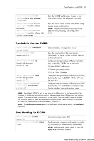 Stub Routing for EIGRP 77  
Router(config-router)#
traffic-share min across-
interfaces
Sets the EIGRP traffic share feature to only
send traffic across the minimum cost path
Router(config-router-af-
topology)# traffic-share
balanced
Router(config-router-af-
topology)# traffic-share min
across-interfaces
Sets the traffic share feature for EIGRP using
named mode configuration
NOTE: These commands are entered under
address family topology subconfiguration
mode
Bandwidth Use for EIGRP
Router(config)# interface
serial 0/1/0
Enters interface configuration mode
Router(config-if)#
bandwidth 256
Sets the bandwidth of this interface to
256 kilobits to allow EIGRP to make a better
metric calculation
Router(config-if)# ip
bandwidth-percent
eigrp 50 100
Configures the percentage of bandwidth that
may be used by EIGRP on an interface
50 is the EIGRP AS number
100 is the percentage value
100% × 256 = 256 kbps
Router(config-if)# ipv6
bandwidth-percent
eigrp 100 75
Configures the percentage of bandwidth (75%)
that may be used by EIGRP 100 for IPv6 on
the interface
Router(config-router-af-
interface)# bandwidth-
percent 25
Configures the percentage of bandwidth (25%)
that may be used by EIGRP under the address-
family interface subconfiguration mode
NOTE: By default, EIGRP is set to use only up to 50 percent of the bandwidth of an
interface to exchange routing information. Values greater than 100 percent can be con-
figured. This configuration option might prove useful if the bandwidth is set artificially
low for other reasons, such as manipulation of the routing metric or to accommodate
an oversubscribed multipoint Frame Relay configuration.
NOTE: The ip bandwidth-percent command relies on the value set by the bandwidth
command.
Stub Routing for EIGRP
Router(config)# router
eigrp 100
Creates routing process 100
Router(config-router)# eigrp
stub
Configures the router to send updates contain-
ing its connected and summary routes only
NOTE: Only the stub router needs to have the
eigrp stub command enabled
From the Library of Oliver Salacan
 