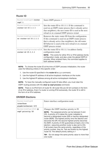 Optimizing OSPF Parameters 99  
Router ID
Router(config)# router
ospf 1
Starts OSPF process 1
Router(config-router)#
router-id 10.1.1.1
Sets the router ID to 10.1.1.1. If this command is
used on an OSPF router process that is already active
(has neighbors), the new router ID is used at the next
reload or at a manual OSPF process restart
Router(config-router)#
no router-id 10.1.1.1
Removes the static router ID from the configuration.
If this command is used on an OSPF router process
that is already active (has neighbors), the old router
ID behavior is used at the next reload or at a manual
OSPF process restart
Router(config-router-af)#
router-id 10.1.1.1
Sets the router ID to 10.1.1.1 in address family
­
configuration mode
NOTE: This works for either IPv4 or IPv6 address-family
configuration mode, and also under the global OSPFv3
process. When entered there, the command applies to
both address families
NOTE: To choose the router ID at the time of OSPF process initialization, the router
uses the following criteria in this specific order:
1. Use the router ID specified in the router-id w.x.y.z command.
2. Use the highest IP address of all active loopback interfaces on the router.
3. Use the highest IP address among all active nonloopback interfaces.
NOTE: To have the manually configured router ID take effect, you must clear the
OSPF routing process with the clear ip ospf process command.
NOTE: There is no IPv6 form of router ID. All router IDs are 32-bit numbers in the form
of an IPv4 address. Even if a router is running IPv6 exclusively, the router ID is still in
the form of an IPv4 address.
DR/BDR Elections
Router(config)#
interface
gigabitethernet 0/0
Enters interface configuration mode
Router(config-if)# ip
ospf priority 50
Changes the OSPF interface priority to 50
NOTE: The assigned priority can be between 0 and
255. A priority of 0 makes the router ineligible to
become a designated router (DR) or backup designated
router (BDR). The highest priority wins the election and
becomes the DR; the second highest priority becomes
the BDR. A priority of 255 guarantees at least a tie in the
election—assuming another router is also set to 255.
If all routers have the same priority, regardless of the
priority number, they tie. Ties are broken by the highest
router ID. The default priority setting is 1
TIP: Do not assign the same priority value to more than
one router
From the Library of Oliver Salacan
 