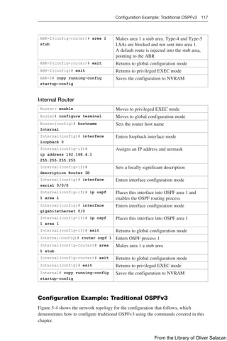 Configuration Example: Traditional OSPFv3 117  
ABR-2(config-router)# area 1
stub
Makes area 1 a stub area. Type-4 and Type-5
LSAs are blocked and not sent into area 1.
A default route is injected into the stub area,
pointing to the ABR
ABR-2(config-router)# exit Returns to global configuration mode
ABR-2(config)# exit Returns to privileged EXEC mode
ABR-2# copy running-config
startup-config
Saves the configuration to NVRAM
Internal Router
Router> enable Moves to privileged EXEC mode
Router# configure terminal Moves to global configuration mode
Router(config)# hostname
Internal
Sets the router host name
Internal(config)# interface
loopback 0
Enters loopback interface mode
Internal(config-if)#
ip address 192.168.4.1
255.255.255.255
Assigns an IP address and netmask
Internal(config-if)#
description Router ID
Sets a locally significant description
Internal(config)# interface
serial 0/0/0
Enters interface configuration mode
Internal(config-if)# ip ospf
1 area 1
Places this interface into OSPF area 1 and
enables the OSPF routing process
Internal(config)# interface
gigabitethernet 0/0
Enters interface configuration mode
Internal(config-if)# ip ospf
1 area 1
Places this interface into OSPF area 1
Internal(config-if)# exit Returns to global configuration mode
Internal(config)# router ospf 1 Enters OSPF process 1
Internal(config-router)# area
1 stub
Makes area 1 a stub area
Internal(config-router)# exit Returns to global configuration mode
Internal(config)# exit Returns to privileged EXEC mode
Internal# copy running-config
startup-config
Saves the configuration to NVRAM
Configuration Example: Traditional OSPFv3
Figure 5-4 shows the network topology for the configuration that follows, which
­
demonstrates how to configure traditional OSPFv3 using the commands covered in this
chapter.
From the Library of Oliver Salacan
 