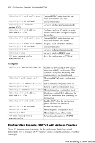 120 Configuration Example: Traditional OSPFv3
R1(config-if)# ipv6 ospf 1 area 1 Enables OSPFv3 on the interface and
places this interface into area 1
R1(config-if)# no shutdown Enables the interface
R1(config-if)# interface
serial 0/0/0
Moves to interface configuration mode
R1(config-if)# ipv6 address
2001:db8:0:7::1/64
Configures a global IPv6 address on the
interface and enables IPv6 processing on
the interface
R1(config-if)# ipv6 ospf 1 area 0 Enables OSPFv3 on the interface and
places this interface into area 0
R1(config-if)# clock rate 4000000 Assigns a clock rate to this interface
R1(config-if)# no shutdown Enables the interface
R1(config-if)# exit Moves to global configuration mode
R1(config)# exit Moves to privileged EXEC mode
R1# copy running-config
startup-config
Saves the configuration to NVRAM
R4 Router
R4(config)# ipv6 unicast-routing Enables the forwarding of IPv6 unicast
datagrams globally on the router. This
command is required before any IPv6
routing protocol can be configured
R4(config)# ipv6 router ospf 1 Moves to OSPFv3 router configuration
mode
R4(config-rtr)# router-id 4.4.4.4 Sets a manually configured router ID
R4(config-rtr)# exit Returns to global configuration mode
R4(config)# interface serial 0/0/0 Moves to interface configuration mode
R4(config-if)# ipv6 address
2001:db8:0:7::2/64
Configures a global IPv6 address on the
interface and enables IPv6 processing on
the interface
R4(config-if)# ipv6 ospf 1 area 0 Enables OSPFv3 on the interface and
places this interface into area 1
R4(config-if)# no shutdown Enables the interface
R4(config-if)# exit Moves to global configuration mode
R4(config)# exit Moves to privileged EXEC mode
R4# copy running-config
startup-config
Saves the configuration to NVRAM
Configuration Example: OSPFv3 with Address Families
Figure 5-5 shows the network topology for the configuration that follows, which
­
demonstrates how to configure OSPFv3 address families using the commands covered in
this chapter.
From the Library of Oliver Salacan
 