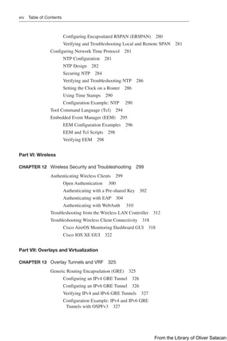xiv Table of Contents
Configuring Encapsulated RSPAN (ERSPAN) 280
Verifying and Troubleshooting Local and Remote SPAN 281
Configuring Network Time Protocol 281
NTP Configuration 281
NTP Design 282
Securing NTP 284
Verifying and Troubleshooting NTP 286
Setting the Clock on a Router 286
Using Time Stamps 290
Configuration Example: NTP 290
Tool Command Language (Tcl) 294
Embedded Event Manager (EEM) 295
EEM Configuration Examples 296
EEM and Tcl Scripts 298
Verifying EEM 298
Part VI: Wireless
CHAPTER 12 Wireless Security and Troubleshooting 299
Authenticating Wireless Clients 299
Open Authentication 300
Authenticating with a Pre-shared Key 302
Authenticating with EAP 304
Authenticating with WebAuth 310
Troubleshooting from the Wireless LAN Controller 312
Troubleshooting Wireless Client Connectivity 318
Cisco AireOS Monitoring Dashboard GUI 318
Cisco IOS XE GUI 322
Part VII: Overlays and Virtualization
CHAPTER 13 Overlay Tunnels and VRF 325
Generic Routing Encapsulation (GRE) 325
Configuring an IPv4 GRE Tunnel 326
Configuring an IPv6 GRE Tunnel 326
Verifying IPv4 and IPv6 GRE Tunnels 327
Configuration Example: IPv4 and IPv6 GRE
Tunnels with OSPFv3 327
From the Library of Oliver Salacan
 
