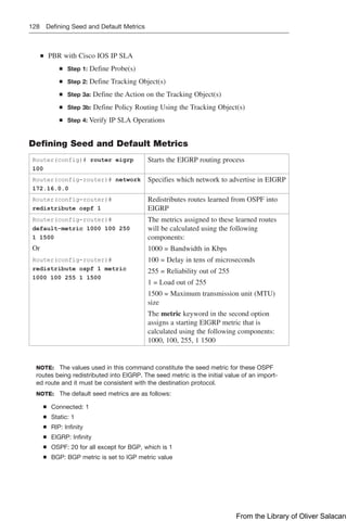 128 Defining Seed and Default Metrics
Q
Q PBR with Cisco IOS IP SLA
Q
Q Step 1: Define Probe(s)
Q
Q Step 2: Define Tracking Object(s)
Q
Q Step 3a: Define the Action on the Tracking Object(s)
Q
Q Step 3b: Define Policy Routing Using the Tracking Object(s)
Q
Q Step 4: Verify IP SLA Operations
Defining Seed and Default Metrics
Router(config)# router eigrp
100
Starts the EIGRP routing process
Router(config-router)# network
172.16.0.0
Specifies which network to advertise in EIGRP
Router(config-router)#
redistribute ospf 1
Redistributes routes learned from OSPF into
EIGRP
Router(config-router)#
default-metric 1000 100 250
1 1500
Or
Router(config-router)#
redistribute ospf 1 metric
1000 100 255 1 1500
The metrics assigned to these learned routes
will be calculated using the following
components:
1000 = Bandwidth in Kbps
100 = Delay in tens of microseconds
255 = Reliability out of 255
1 = Load out of 255
1500 = Maximum transmission unit (MTU)
size
The metric keyword in the second option
assigns a starting EIGRP metric that is
calculated using the following components:
1000, 100, 255, 1 1500
NOTE: The values used in this command constitute the seed metric for these OSPF
routes being redistributed into EIGRP. The seed metric is the initial value of an import-
ed route and it must be consistent with the destination protocol.
NOTE: The default seed metrics are as follows:
Q
Q Connected: 1
Q
Q Static: 1
Q
Q RIP: Infinity
Q
Q EIGRP: Infinity
Q
Q OSPF: 20 for all except for BGP, which is 1
Q
Q BGP: BGP metric is set to IGP metric value
From the Library of Oliver Salacan
 