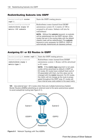 130 Redistributing Subnets into OSPF
Redistributing Subnets into OSPF
Router(config)# router
ospf 1
Starts the OSPF routing process
Router(config-router)#
redistribute eigrp 10
metric 100 subnets
Redistributes routes learned from EIGRP
autonomous system 10. A metric of 100 is
assigned to all routes. Subnets will also be
redistributed
NOTE: Without the subnets keyword, no subnets
will be redistributed into the OSPF domain. (Only
routes that are in the routing table with the default
classful mask will be redistributed.) The subnets
keyword is only necessary for OSPFv2. OSPFv3
automatically redistributes all classless prefixes
Assigning E1 or E2 Routes in OSPF
Router(config)# router ospf 1 Starts the OSPF routing process
Router(config-router)#
redistribute eigrp 1
metric-type 1
Redistributes routes learned from EIGRP
autonomous system 1. Routes will be advertised
as E1 routes
NOTE: If the metric-type argument is not used,
routes will be advertised by default in OSPF as
E2 routes. E2 routes have a default fixed cost of
20 associated with them, but this value can be
changed with the metric keyword. For E2 routes,
the metric will not change as the route is propa-
gated throughout the OSPF area. E1 routes will
have internal area costs added to the seed metric
TIP: Use external type 1 (E1) routes when there are multiple Autonomous System
Border Routers (ASBRs) advertising an external route to the same autonomous system
to avoid suboptimal routing (see Figure 6-1).
Redistribute
Redistribute
Subnet 1
R1
R2
Subnet 2
EIGRP1 OSPF2
Figure 6-1 Network Topology with Two ASBRs
From the Library of Oliver Salacan
 