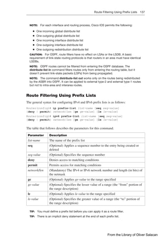 Route Filtering Using Prefix Lists 137  
NOTE: For each interface and routing process, Cisco IOS permits the following:
Q
Q One incoming global distribute list
Q
Q One outgoing global distribute list
Q
Q One incoming interface distribute list
Q
Q One outgoing interface distribute list
Q
Q One outgoing redistribution distribute list
CAUTION: For OSPF, route filters have no effect on LSAs or the LSDB. A basic
requirement of link-state routing protocols is that routers in an area must have identical
LSDBs.
NOTE: OSPF routes cannot be filtered from entering the OSPF database. The
distribute-list in command filters routes only from entering the routing table, but it
doesn’t prevent link-state packets (LSPs) from being propagated.
NOTE: The command distribute-list out works only on the routes being redistributed
by the ASBR into OSPF. It can be applied to external type-2 and external type-1 routes
but not to intra-area and interarea routes.
Route Filtering Using Prefix Lists
The general syntax for configuring IPv4 and IPv6 prefix lists is as follows:
Router(config)# ip prefix-list list-name [seq seq-value]
{deny | permit} network/len [ge ge-value] [le le-value]
Router(config)# ipv6 prefix-list list-name [seq seq-value]
{deny | permit} network/len [ge ge-value] [le le-value]
The table that follows describes the parameters for this command.
Parameter Description
list-name The name of the prefix list
seq (Optional) Applies a sequence number to the entry being created or
deleted
seq-value (Optional) Specifies the sequence number
deny Denies access to matching conditions
permit Permits access for matching conditions
network/len (Mandatory) The IPv4 or IPv6 network number and length (in bits) of
the netmask
ge (Optional) Applies ge-value to the range specified
ge-value (Optional) Specifies the lesser value of a range (the “from” portion of
the range description)
le (Optional) Applies le-value to the range specified
le-value (Optional) Specifies the greater value of a range (the “to” portion of
the range description)
TIP: You must define a prefix list before you can apply it as a route filter.
TIP: There is an implicit deny statement at the end of each prefix list.
From the Library of Oliver Salacan
 