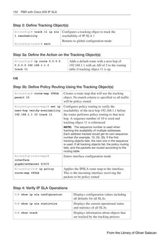 152 PBR with Cisco IOS IP SLA
Step 2: Define Tracking Object(s)
R1(config)# track 11 ip sla
1 reachability
R1(config-track)# exit
Configures a tracking object to track the
reachability of IP SLA 1
Returns to global configuration mode
Step 3a: Define the Action on the Tracking Object(s)
R1(config)# ip route 0.0.0.0
0.0.0.0 192.168.1.1 2
track 11
Adds a default route with a next hop of
192.168.1.1 with an AD of 2 to the routing
table if tracking object 11 is up
OR
Step 3b: Define Policy Routing Using the Tracking Object(s)
R1(config)# route-map IPSLA
permit 10
Creates a route map that will use the tracking
object. No match criteria is specified so all traffic
will be policy routed
R1(config-route-map)# set ip
next-hop verify-availability
192.168.1.1 10 track 11
Configures policy routing to verify the
reachability of the next hop 192.168.1.1 before
the router performs policy routing to that next
hop. A sequence number of 10 is used and
tracking object 11 is referenced
NOTE: The sequence number is used when
tracking the availability of multiple addresses.
Each address tracked would get its own sequence
number (for example, 10, 20, 30). If the first
tracking objects fails, the next one in the sequence
is used. If all tracking objects fail, the policy routing
fails, and the packets are routed according to the
routing table
R1(config-route-map)#
interface
gigabitethernet 0/0/0
Enters interface configuration mode
R1(config-if)# ip policy
route-map IPSLA
Applies the IPSLA route map to the interface.
This is the incoming interface receiving the
packets to be policy routed
Step 4: Verify IP SLA Operations
R1# show ip sla configuration Displays configuration values including
all defaults for all SLAs
R1# show ip sla statistics Displays the current operational status
and statistics of all SLAs
R1# show track Displays information about objects that
are tracked by the tracking process
From the Library of Oliver Salacan
 