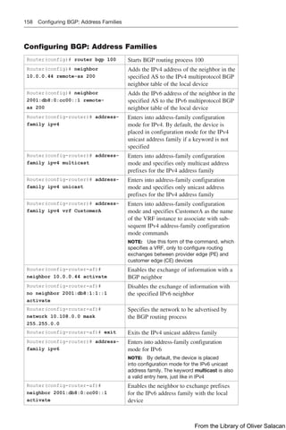 158 Configuring BGP: Address Families
Configuring BGP: Address Families
Router(config)# router bgp 100 Starts BGP routing process 100
Router(config)# neighbor
10.0.0.44 remote-as 200
Adds the IPv4 address of the neighbor in the
specified AS to the IPv4 multiprotocol BGP
neighbor table of the local device
Router(config)# neighbor
2001:db8:0:cc00::1 remote-
as 200
Adds the IPv6 address of the neighbor in the
specified AS to the IPv6 multiprotocol BGP
neighbor table of the local device
Router(config-router)# address-
family ipv4
Enters into address-family configuration
mode for IPv4. By default, the device is
placed in configuration mode for the IPv4
unicast address family if a keyword is not
specified
Router(config-router)# address-
family ipv4 multicast
Enters into address-family configuration
mode and specifies only multicast address
prefixes for the IPv4 address family
Router(config-router)# address-
family ipv4 unicast
Enters into address-family configuration
mode and specifies only unicast address
prefixes for the IPv4 address family
Router(config-router)# address-
family ipv4 vrf CustomerA
Enters into address-family configuration
mode and specifies CustomerA as the name
of the VRF instance to associate with sub-
sequent IPv4 address-family configuration
mode commands
NOTE: Use this form of the command, which
specifies a VRF, only to configure routing
exchanges between provider edge (PE) and
customer edge (CE) devices
Router(config-router-af)#
neighbor 10.0.0.44 activate
Enables the exchange of information with a
BGP neighbor
Router(config-router-af)#
no neighbor 2001:db8:1:1::1
activate
Disables the exchange of information with
the specified IPv6 neighbor
Router(config-router-af)#
network 10.108.0.0 mask
255.255.0.0
Specifies the network to be advertised by
the BGP routing process
Router(config-router-af)# exit Exits the IPv4 unicast address family
Router(config-router)# address-
family ipv6
Enters into address-family configuration
mode for IPv6
NOTE: By default, the device is placed
into configuration mode for the IPv6 unicast
address family. The keyword multicast is also
a valid entry here, just like in IPv4
Router(config-router-af)#
neighbor 2001:db8:0:cc00::1
activate
Enables the neighbor to exchange prefixes
for the IPv6 address family with the local
device
From the Library of Oliver Salacan
 