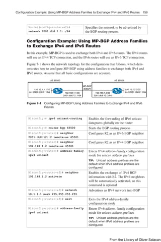 Configuration Example: Using MP-BGP Address Families to Exchange IPv4 and IPv6 Routes 159  
Router(config-router-af)#
network 2001:db8:1:1::/64
Specifies the network to be advertised by
the BGP routing process
Configuration Example: Using MP-BGP Address Families
to Exchange IPv4 and IPv6 Routes
In this example, MP-BGP is used to exchange both IPv4 and IPv6 routes. The IPv4 routes
will use an IPv4 TCP connection, and the IPv6 routes will use an IPv6 TCP connection.
Figure 7-1 shows the network topology for the configuration that follows, which dem-
onstrates how to configure MP-BGP using address families to exchange both IPv4 and
IPv6 routes. Assume that all basic configurations are accurate.
R1 R2
AS 65500
Lo0 10.1.1.1/32
Lo1 2001:db8:1::1/64
Lo0 10.2.2.2/32
Lo1 2001:db8:2::1/64
AS 65501
192.168.1.1/30
2001:db8:12::1/64
192.168.1.2/30
2001:db8:12::2/64
MP-BGP
(EBGP)
Figure 7-1 
Configuring MP-BGP Using Address Families to Exchange IPv4 and IPv6
Routes
R1(config)# ipv6 unicast-routing Enables the forwarding of IPv6 unicast
datagrams globally on the router
R1(config)# router bgp 65500 Starts the BGP routing process
R1(config-router)# neighbor
2001:db8:12::2 remote-as 65501
Configures R2 as an IPv6 BGP neighbor
R1(config-router)# neighbor
192.168.1.2 remote-as 65501
Configures R2 as an IPv4 BGP neighbor
R1(config-router)# address-family
ipv4 unicast
Enters IPv4 address-family configuration
mode for unicast address prefixes
TIP: Unicast address prefixes are the
default when IPv4 address prefixes are
configured
R1(config-router-af)# neighbor
192.168.1.2 activate
Enables the exchange of IPv4 BGP
information with R2. The IPv4 neighbors
will be automatically activated, so this
command is optional
R1(config-router-af)# network
10.1.1.1 mask 255.255.255.255
Advertises an IPv4 network into BGP
R1(config-router-af)# exit Exits the IPv4 address-family
configuration mode
R1(config-router)# address-family
ipv6 unicast
Enters IPv6 address-family configuration
mode for unicast address prefixes
TIP: Unicast address prefixes are the
default when IPv6 address prefixes are
configured
From the Library of Oliver Salacan
 