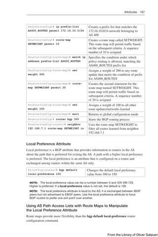 Attributes 167  
Houston(config)# ip prefix-list
AS400_ROUTES permit 172.16.10.0/24
Creates a prefix list that matches the
172.16.10.0/24 network belonging to
AS 400
Houston(config)# route-map
SETWEIGHT permit 10
Creates a route map called SETWEIGHT.
This route map will permit traffic based
on the subsequent criteria. A sequence
number of 10 is assigned
Houston(config-route-map)# match ip
address prefix-list AS400_ROUTES
Specifies the condition under which
policy routing is allowed, matching the
AS400_ROUTES prefix list
Houston(config-route-map)# set
weight 200
Assigns a weight of 200 to any route
update that meets the condition of prefix
list AS400_ROUTES
Houston(config-route-map)# route-
map SETWEIGHT permit 20
Creates the second statement for the
route map named SETWEIGHT. This
route map will permit traffic based on
subsequent criteria. A sequence number
of 20 is assigned
Houston(config-route-map)# set
weight 100
Assigns a weight of 100 to all other
route updates/networks learned
Houston(config-route-map)# exit Returns to global configuration mode
Houston(config)# router bgp 300 Starts the BGP routing process
Houston(config-router)# neighbor
192.168.7.1 route-map SETWEIGHT in
Uses the route map SETWEIGHT to
filter all routes learned from neighbor
192.168.7.1
Local Preference Attribute
Local preference is a BGP attribute that provides information to routers in the AS
about the path that is preferred for exiting the AS. A path with a higher local preference
is preferred. The local preference is an attribute that is configured on a router and
exchanged among routers within the same AS only.
R1(config-router)# bgp default
local-preference 150
Changes the default local preference
value from 100 to 150
NOTE: The local preference value can be a number between 0 and 429 496 729.
Higher is preferred. If a local-preference value is not set, the default is 100.
NOTE: The local preference attribute is local to the AS; it is exchanged between IBGP
peers but not advertised to EBGP peers. Use the local preference attribute to force
BGP routers to prefer one exit point over another.
Using AS Path Access Lists with Route Maps to Manipulate
the Local Preference Attribute
Route maps provide more flexibility than the bgp default local-preference router
configuration command.
From the Library of Oliver Salacan
 