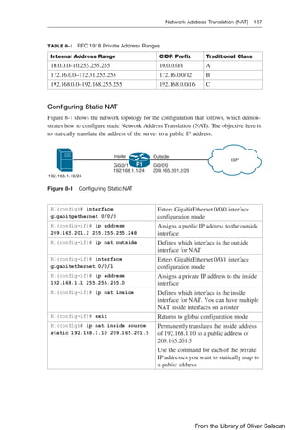 Network Address Translation (NAT) 187  
TABLE 8-1 RFC 1918 Private Address Ranges
Internal Address Range CIDR Prefix Traditional Class
10.0.0.0–10.255.255.255 10.0.0.0/8 A
172.16.0.0–172.31.255.255 172.16.0.0/12 B
192.168.0.0–192.168.255.255 192.168.0.0/16 C
Configuring Static NAT
Figure 8-1 shows the network topology for the configuration that follows, which demon-
strates how to configure static Network Address Translation (NAT). The objective here is
to statically translate the address of the server to a public IP address.
R1
Inside
Gi0/0/1
192.168.1.1/24
192.168.1.10/24
Gi0/0/0
209.165.201.2/29
ISP
Outside
Figure 8-1 Configuring Static NAT
R1(config)# interface
gigabitgethernet 0/0/0
Enters GigabitEthernet 0/0/0 interface
configuration mode
R1(config-if)# ip address
209.165.201.2 255.255.255.248
Assigns a public IP address to the outside
interface
R1(config-if)# ip nat outside Defines which interface is the outside
interface for NAT
R1(config-if)# interface
gigabitethernet 0/0/1
Enters GigabitEthernet 0/0/1 interface
configuration mode
R1(config-if)# ip address
192.168.1.1 255.255.255.0
Assigns a private IP address to the inside
interface
R1(config-if)# ip nat inside Defines which interface is the inside
interface for NAT. You can have multiple
NAT inside interfaces on a router
R1(config-if)# exit Returns to global configuration mode
R1(config)# ip nat inside source
static 192.168.1.10 209.165.201.5
Permanently translates the inside address
of 192.168.1.10 to a public address of
209.165.201.5
Use the command for each of the private
IP addresses you want to statically map to
a public address
From the Library of Oliver Salacan
 