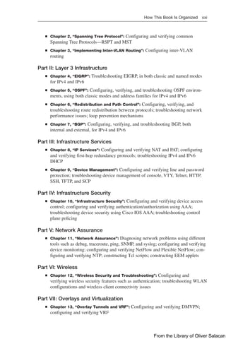 How This Book Is Organized xxi  
Q
Q Chapter 2, “Spanning Tree Protocol”: Configuring and verifying common
Spanning Tree Protocols—RSPT and MST
Q
Q Chapter 3, “Implementing Inter-VLAN Routing”: Configuring inter-VLAN
­
routing
Part II: Layer 3 Infrastructure
Q
Q Chapter 4, “EIGRP”: Troubleshooting EIGRP, in both classic and named modes
for IPv4 and IPv6
Q
Q Chapter 5, “OSPF”: Configuring, verifying, and troubleshooting OSPF environ-
ments, using both classic modes and address families for IPv4 and IPv6
Q
Q Chapter 6, “Redistribution and Path Control”: Configuring, verifying, and
troubleshooting route redistribution between protocols; troubleshooting network
performance issues; loop prevention mechanisms
Q
Q Chapter 7, “BGP”: Configuring, verifying, and troubleshooting BGP, both
internal and external, for IPv4 and IPv6
Part III: Infrastructure Services
Q
Q Chapter 8, “IP Services”: Configuring and verifying NAT and PAT; ­
configuring
and verifying first-hop redundancy protocols; troubleshooting IPv4 and IPv6
DHCP
Q
Q Chapter 9, “Device Management”: Configuring and verifying line and password
protection; troubleshooting device management of console, VTY, Telnet, HTTP,
SSH, TFTP, and SCP
Part IV: Infrastructure Security
Q
Q Chapter 10, “Infrastructure Security”: Configuring and verifying device access
control; configuring and verifying authentication/authorization using AAA;
troubleshooting device security using Cisco IOS AAA; troubleshooting control
plane policing
Part V: Network Assurance
Q
Q Chapter 11, “Network Assurance”: Diagnosing network problems using ­
different
tools such as debug, traceroute, ping, SNMP, and syslog; configuring and verifying
device monitoring; configuring and verifying NetFlow and Flexible NetFlow; con-
figuring and verifying NTP; constructing Tcl scripts; constructing EEM applets
Part VI: Wireless
Q
Q Chapter 12, “Wireless Security and Troubleshooting”: Configuring and
verifying wireless security features such as authentication; troubleshooting WLAN
configurations and wireless client connectivity issues
Part VII: Overlays and Virtualization
Q
Q Chapter 13, “Overlay Tunnels and VRF”: Configuring and verifying DMVPN;
configuring and verifying VRF
From the Library of Oliver Salacan
 