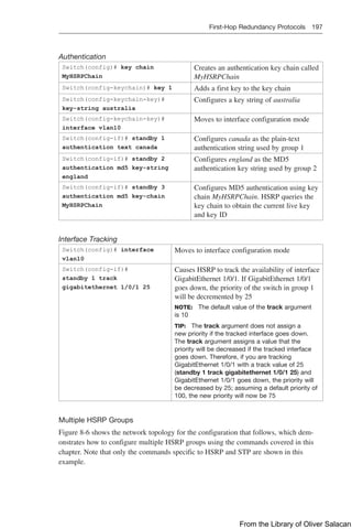 First-Hop Redundancy Protocols 197  
Authentication
Switch(config)# key chain
MyHSRPChain
Creates an authentication key chain called
MyHSRPChain
Switch(config-keychain)# key 1 Adds a first key to the key chain
Switch(config-keychain-key)#
key-string australia
Configures a key string of australia
Switch(config-keychain-key)#
interface vlan10
Moves to interface configuration mode
Switch(config-if)# standby 1
authentication text canada
Configures canada as the plain-text
authentication string used by group 1
Switch(config-if)# standby 2
authentication md5 key-string
england
Configures england as the MD5
authentication key string used by group 2
Switch(config-if)# standby 3
authentication md5 key-chain
MyHSRPChain
Configures MD5 authentication using key
chain MyHSRPChain. HSRP queries the
key chain to obtain the current live key
and key ID
Interface Tracking
Switch(config)# interface
vlan10
Moves to interface configuration mode
Switch(config-if)#
standby 1 track
gigabitethernet 1/0/1 25
Causes HSRP to track the availability of interface
GigabitEthernet 1/0/1. If GigabitEthernet 1/0/1
goes down, the priority of the switch in group 1
will be decremented by 25
NOTE: The default value of the track argument
is 10
TIP: The track argument does not assign a
new priority if the tracked interface goes down.
The track argument assigns a value that the
priority will be decreased if the tracked interface
goes down. Therefore, if you are tracking
GigabitEthernet 1/0/1 with a track value of 25
(standby 1 track gigabitethernet 1/0/1 25) and
GigabitEthernet 1/0/1 goes down, the priority will
be decreased by 25; assuming a default priority of
100, the new priority will now be 75
Multiple HSRP Groups
Figure 8-6 shows the network topology for the configuration that follows, which dem-
onstrates how to configure multiple HSRP groups using the commands covered in this
chapter. Note that only the commands specific to HSRP and STP are shown in this
example.
From the Library of Oliver Salacan
 