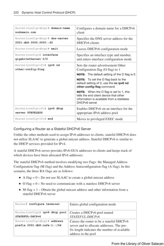 222 Dynamic Host Control Protocol (DHCP)
Router(config-dhcp)# domain-name
nodomain.com
Configures a domain name for a DHCPv6
client
Router(config-dhcp)# dns-server
2001:db8:3000:3000::42
Specifies the DNS server address for the
DHCPv6 clients
Router(config-dhcp)# exit Leaves DHCPv6 configuration mode
Router(config)# interface
gigabitethernet 0/0
Specifies an interface type and number,
and enters interface configuration mode
Router(config-if)# ipv6 nd
other-config-flag
Sets the router advertisement Other
Configuration flag (O flag) to 1
NOTE: The default setting of the O flag is 0
NOTE: To set the O flag back to the
default setting of 0, use the no ipv6 nd
other-config-flag command
NOTE: When the O flag is set to 1, this
tells the end client device that other
information is available from a stateless
DHCPv6 server
Router(config-if)# ipv6 dhcp
server STATELESS
Enables DHCPv6 on an interface for the
appropriate IPv6 address pool
Router(config-if)# end Moves to privileged EXEC mode
Configuring a Router as a Stateful DHCPv6 Server
Unlike the other methods used to assign IPv6 addresses to clients, stateful DHCPv6 does
not utilize SLAAC to generate a global unicast address. Stateful DHCPv6 is similar to
the DHCP services provided for IPv4.
A stateful DHCPv6 server provides IPv6 GUA addresses to clients and keeps track of
which devices have been allocated IPv6 addresses.
The stateful DHCPv6 method involves modifying two flags: the Managed Address
Configuration flag (M flag) and the Address Autoconfiguration flag (A flag). In this
scenario, the three RA flags are as follows:
Q
Q A flag = 0 – Do not use SLAAC to create a global unicast address
Q
Q O flag = 0 – No need to communicate with a stateless DHCPv6 server
Q
Q M flag = 1 – Obtain the global unicast address and other information from a
stateful DHCPv6 server
Router# configure terminal Enters global configuration mode
Router(config)# ipv6 dhcp pool
STATEFUL-DHCPv6
Creates a DHCPv6 pool named
STATEFUL-DHCPv6
Router(config-dhcp)# address
prefix 2001:db8:cafe:1::/64
Causes the router to be a stateful DHCPv6
server and to allocate addresses. The pre-
fix length indicates the number of available
address in the pool
From the Library of Oliver Salacan
 