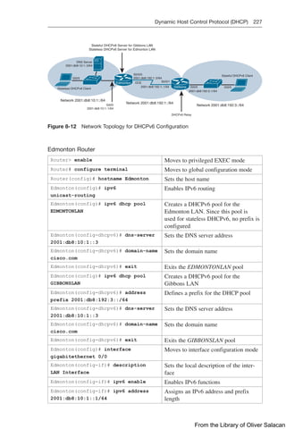 Dynamic Host Control Protocol (DHCP) 227  
S0/0/0
2001:db8:192:1::2/64
S0/0/1
2001:db8:192:1::1/64
DCE
2001:db8:192:3::1/64
Gi0/0
Stateful DHCPv6 Client
Network 2001:db8:192:3::/64
Network 2001:db8:192:1::/64
Gi0/0
2001:db8:10:1::1/64
Network 2001:db8:10:1::/64
DNS Server
2001:db8:10:1::3/64
Stateless DHCPv6 Client
DHCPv6 Relay
Stateful DHCPv6 Server for Gibbons LAN
Stateless DHCPv6 Server for Edmonton LAN
Gi0/0
Gi0/0
Edmonton
Gibbons
Figure 8-12 Network Topology for DHCPv6 Configuration
Edmonton Router
Router enable Moves to privileged EXEC mode
Router# configure terminal Moves to global configuration mode
Router(config)# hostname Edmonton Sets the host name
Edmonton(config)# ipv6
unicast-routing
Enables IPv6 routing
Edmonton(config)# ipv6 dhcp pool
EDMONTONLAN
Creates a DHCPv6 pool for the
Edmonton LAN. Since this pool is
used for stateless DHCPv6, no prefix is
configured
Edmonton(config-dhcpv6)# dns-server
2001:db8:10:1::3
Sets the DNS server address
Edmonton(config-dhcpv6)# domain-name
cisco.com
Sets the domain name
Edmonton(config-dhcpv6)# exit Exits the EDMONTONLAN pool
Edmonton(config)# ipv6 dhcp pool
GIBBONSLAN
Creates a DHCPv6 pool for the
Gibbons LAN
Edmonton(config-dhcpv6)# address
prefix 2001:db8:192:3::/64
Defines a prefix for the DHCP pool
Edmonton(config-dhcpv6)# dns-server
2001:db8:10:1::3
Sets the DNS server address
Edmonton(config-dhcpv6)# domain-name
cisco.com
Sets the domain name
Edmonton(config-dhcpv6)# exit Exits the GIBBONSLAN pool
Edmonton(config)# interface
gigabitethernet 0/0
Moves to interface configuration mode
Edmonton(config-if)# description
LAN Interface
Sets the local description of the inter-
face
Edmonton(config-if)# ipv6 enable Enables IPv6 functions
Edmonton(config-if)# ipv6 address
2001:db8:10:1::1/64
Assigns an IPv6 address and prefix
length
From the Library of Oliver Salacan
 