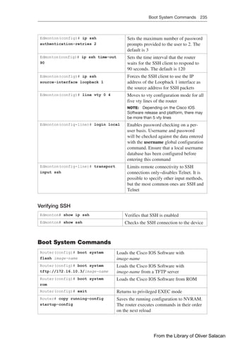 Boot System Commands 235  
Edmonton(config)# ip ssh
authentication-retries 2
Sets the maximum number of password
prompts provided to the user to 2. The
default is 3
Edmonton(config)# ip ssh time-out
90
Sets the time interval that the router
waits for the SSH client to respond to
90 seconds. The default is 120
Edmonton(config)# ip ssh
source-interface loopback 1
Forces the SSH client to use the IP
address of the Loopback 1 interface as
the source address for SSH packets
Edmonton(config)# line vty 0 4 Moves to vty configuration mode for all
five vty lines of the router
NOTE: Depending on the Cisco IOS
Software release and platform, there may
be more than 5 vty lines
Edmonton(config-line)# login local Enables password checking on a per-
user basis. Username and password
will be checked against the data entered
with the username global configuration
command. Ensure that a local username
database has been configured before
entering this command
Edmonton(config-line)# transport
input ssh
Limits remote connectivity to SSH
connections only−disables Telnet. It is
possible to specify other input methods,
but the most common ones are SSH and
Telnet
Verifying SSH
Edmonton# show ip ssh Verifies that SSH is enabled
Edmonton# show ssh Checks the SSH connection to the device
Boot System Commands
Router(config)# boot system
flash image-name
Loads the Cisco IOS Software with
image-name
Router(config)# boot system
tftp://172.16.10.3/image-name
Loads the Cisco IOS Software with
image-name from a TFTP server
Router(config)# boot system
rom
Loads the Cisco IOS Software from ROM
Router(config)# exit Returns to privileged EXEC mode
Router# copy running-config
startup-config
Saves the running configuration to NVRAM.
The router executes commands in their order
on the next reload
From the Library of Oliver Salacan
 