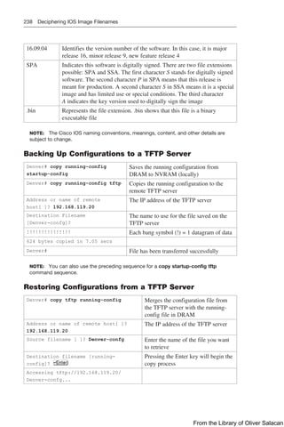 238 Deciphering IOS Image Filenames
16.09.04 Identifies the version number of the software. In this case, it is major
release 16, minor release 9, new feature release 4
SPA Indicates this software is digitally signed. There are two file extensions
possible: SPA and SSA. The first character S stands for digitally signed
software. The second character P in SPA means that this release is
meant for production. A second character S in SSA means it is a special
image and has limited use or special conditions. The third character
A indicates the key version used to digitally sign the image
.bin Represents the file extension. .bin shows that this file is a binary
executable file
NOTE: The Cisco IOS naming conventions, meanings, content, and other details are
subject to change.
Backing Up Configurations to a TFTP Server
Denver# copy running-config
startup-config
Saves the running configuration from
DRAM to NVRAM (locally)
Denver# copy running-config tftp Copies the running configuration to the
remote TFTP server
Address or name of remote
host[ ]? 192.168.119.20
The IP address of the TFTP server
Destination Filename
[Denver-confg]?
The name to use for the file saved on the
TFTP server
!!!!!!!!!!!!!!! Each bang symbol (!) = 1 datagram of data
624 bytes copied in 7.05 secs
Denver# File has been transferred successfully
NOTE: You can also use the preceding sequence for a copy startup-config tftp
command sequence.
Restoring Configurations from a TFTP Server
Denver# copy tftp running-config Merges the configuration file from
the TFTP server with the running-
config file in DRAM
Address or name of remote host[ ]?
192.168.119.20
The IP address of the TFTP server
Source filename [ ]? Denver-confg Enter the name of the file you want
to retrieve
Destination filename [running-
config]?
Pressing the Enter key will begin the
copy process
Accessing tftp://192.168.119.20/
Denver-confg...
From the Library of Oliver Salacan
 
