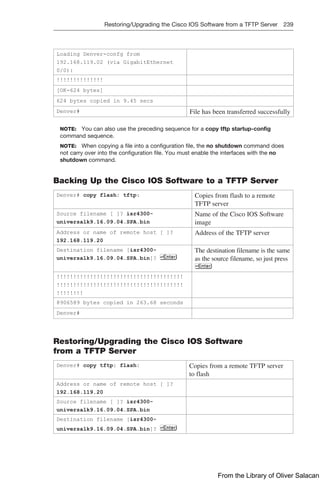 Restoring/Upgrading the Cisco IOS Software from a TFTP Server 239  
Loading Denver-confg from
192.168.119.02 (via GigabitEthernet
0/0):
!!!!!!!!!!!!!!
[OK-624 bytes]
624 bytes copied in 9.45 secs
Denver# File has been transferred successfully
NOTE: You can also use the preceding sequence for a copy tftp startup-config
command sequence.
NOTE: When copying a file into a configuration file, the no shutdown command does
not carry over into the configuration file. You must enable the interfaces with the no
shutdown command.
Backing Up the Cisco IOS Software to a TFTP Server
Denver# copy flash: tftp: Copies from flash to a remote
TFTP server
Source filename [ ]? isr4300-
universalk9.16.09.04.SPA.bin
Name of the Cisco IOS Software
image
Address or name of remote host [ ]?
192.168.119.20
Address of the TFTP server
Destination filename [isr4300-
universalk9.16.09.04.SPA.bin]?
The destination filename is the same
as the source filename, so just press
!!!!!!!!!!!!!!!!!!!!!!!!!!!!!!!!!!!!!!
!!!!!!!!!!!!!!!!!!!!!!!!!!!!!!!!!!!!!!
!!!!!!!!
8906589 bytes copied in 263.68 seconds
Denver#
Restoring/Upgrading the Cisco IOS Software
from a TFTP Server
Denver# copy tftp: flash: Copies from a remote TFTP server
to flash
Address or name of remote host [ ]?
192.168.119.20
Source filename [ ]? isr4300-
universalk9.16.09.04.SPA.bin
Destination filename [isr4300-
universalk9.16.09.04.SPA.bin]?
From the Library of Oliver Salacan
 