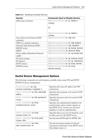 Useful Device Management Options 243  
TABLE 9-2 Disabling Unneeded Services
Service Commands Used to Disable Service
DNS name resolution Edmonton(config)# no ip domain-
lookup
Or
Edmonton(config)# no ip domain
lookup
Cisco Discovery Protocol (CDP)
(globally)
Edmonton(config)# no cdp run
CDP (on a specific interface) Edmonton(config-if)# no cdp enable
Network Time Protocol (NTP) Edmonton(config-if)# ntp disable
BOOTP server Edmonton(config)# no ip bootp server
DHCP Edmonton(config)# no service dhcp
Proxy Address Resolution Protocol
(ARP)
Edmonton(config-if)# no ip proxy-arp
IP source routing Edmonton(config)# no ip source-route
IP redirects Edmonton(config-if)# no ip redirects
HTTP service Edmonton(config)# no ip http server
HTTPS service Edmonton(config)# no ip http
secure-server
Useful Device Management Options
The following commands are useful options available when using FTP and HTTP/
HTTPS for device management.
Perth(config)# ip ftp
source-interface loopback 1
Specifies the source IP address for FTP
connections
Perth (config)# ip ftp username
admin
Specifies the username to be used for FTP
connections
Perth (config)# ip ftp password
cisco
Specifies the password to be used for FTP
connections
Perth (config)# ip http
authentication local
Specifies the authentication method to be
used for login when a client connects to
the HTTP server. In this case, the local
database is used for authentication
Perth (config)# ip http
access-class 10
Specifies that access list 10 should be used
to allow access to the HTTP server
Perth (config)# ip http path
flash:/GUI
Sets the base HTTP path for HTML files
Router(config)# ip http
max-connections 10
Sets the maximum number of allowed
concurrent connections to the HTTP server.
The default value is 5
From the Library of Oliver Salacan
 