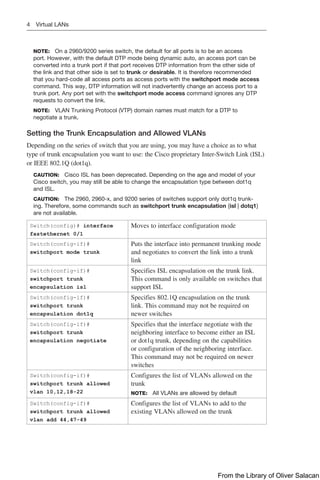 4 Virtual LANs
NOTE: On a 2960/9200 series switch, the default for all ports is to be an access
port. However, with the default DTP mode being dynamic auto, an access port can be
­
converted into a trunk port if that port receives DTP information from the other side of
the link and that other side is set to trunk or desirable. It is therefore recommended
that you hard-code all access ports as access ports with the switchport mode access
command. This way, DTP information will not inadvertently change an access port to a
trunk port. Any port set with the switchport mode access command ignores any DTP
requests to convert the link.
NOTE: VLAN Trunking Protocol (VTP) domain names must match for a DTP to
negotiate a trunk.
Setting the Trunk Encapsulation and Allowed VLANs
Depending on the series of switch that you are using, you may have a choice as to what
type of trunk encapsulation you want to use: the Cisco proprietary Inter-Switch Link (ISL)
or IEEE 802.1Q (dot1q).
CAUTION: Cisco ISL has been deprecated. Depending on the age and model of your
Cisco switch, you may still be able to change the encapsulation type between dot1q
and ISL.
CAUTION: The 2960, 2960-x, and 9200 series of switches support only dot1q trunk-
ing. Therefore, some commands such as switchport trunk encapsulation {isl | dotq1}
are not available.
Switch(config)# interface
fastethernet 0/1
Moves to interface configuration mode
Switch(config-if)#
switchport mode trunk
Puts the interface into permanent trunking mode
and negotiates to convert the link into a trunk
link
Switch(config-if)#
switchport trunk
encapsulation isl
Specifies ISL encapsulation on the trunk link.
This command is only available on switches that
support ISL
Switch(config-if)#
switchport trunk
encapsulation dot1q
Specifies 802.1Q encapsulation on the trunk
link. This command may not be required on
newer switches
Switch(config-if)#
switchport trunk
encapsulation negotiate
Specifies that the interface negotiate with the
neighboring interface to become either an ISL
or dot1q trunk, depending on the capabilities
or configuration of the neighboring interface.
This command may not be required on newer
switches
Switch(config-if)#
switchport trunk allowed
vlan 10,12,18-22
Configures the list of VLANs allowed on the
trunk
NOTE: All VLANs are allowed by default
Switch(config-if)#
switchport trunk allowed
vlan add 44,47-49
Configures the list of VLANs to add to the
existing VLANs allowed on the trunk
From the Library of Oliver Salacan
 