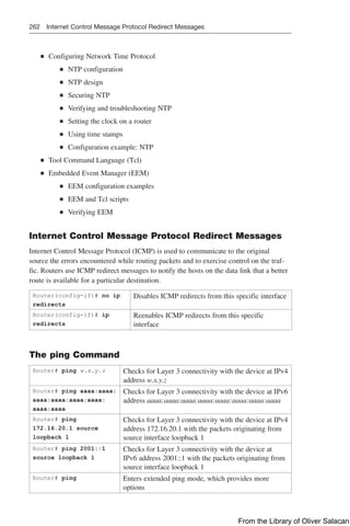 262 Internet Control Message Protocol Redirect Messages
Q
Q Configuring Network Time Protocol
Q
Q NTP configuration
Q
Q NTP design
Q
Q Securing NTP
Q
Q Verifying and troubleshooting NTP
Q
Q Setting the clock on a router
Q
Q Using time stamps
Q
Q Configuration example: NTP
Q
Q Tool Command Language (Tcl)
Q
Q Embedded Event Manager (EEM)
Q
Q EEM configuration examples
Q
Q EEM and Tcl scripts
Q
Q Verifying EEM
Internet Control Message Protocol Redirect Messages
Internet Control Message Protocol (ICMP) is used to communicate to the original
source the errors encountered while routing packets and to exercise control on the traf-
fic. Routers use ICMP redirect messages to notify the hosts on the data link that a better
route is available for a particular destination.
Router(config-if)# no ip
redirects
Disables ICMP redirects from this specific interface
Router(config-if)# ip
redirects
Reenables ICMP redirects from this specific
interface
The ping Command
Router# ping w.x.y.z Checks for Layer 3 connectivity with the device at IPv4
address w.x.y.z
Router# ping aaaa:aaaa:
aaaa:aaaa:aaaa:aaaa:
aaaa:aaaa
Checks for Layer 3 connectivity with the device at IPv6
address aaaa:aaaa:aaaa:aaaa:aaaa:aaaa:aaaa:aaaa
Router# ping
172.16.20.1 source
loopback 1
Checks for Layer 3 connectivity with the device at IPv4
address 172.16.20.1 with the packets originating from
source interface loopback 1
Router# ping 2001::1
source loopback 1
Checks for Layer 3 connectivity with the device at
IPv6 address 2001::1 with the packets originating from
source interface loopback 1
Router# ping Enters extended ping mode, which provides more
options
From the Library of Oliver Salacan
 
