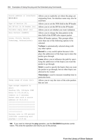 264 Examples of Using the ping and the Extended ping Commands
Source address or interface:
10.0.10.1
Allows you to explicitly set where the pings are
originating from. An interface name may also be
used here
Type of Service [0] Allows you to set the TOS field in the IP header
Set DF bit in IP header [no] Allows you to set the DF bit in the IP header
Validate reply data? [no] Allows you to set whether you want validation
Data Pattern [0xABCD] Allows you to change the data pattern in the
data field of the ICMP echo request packet
Loose, Strict, Record,
Timestamp, Verbose[none]:
Offers IP header options. This prompt offers
more than one of the following options to be
selected:
Verbose is automatically selected along with
any other option
Record is a very useful option because it dis-
plays the address(es) of the hops (up to nine) the
packet goes through
Loose allows you to influence the path by speci-
fying the address(es) of the hop(s) you want the
packet to go through
Strict is used to specify the hop(s) that you want
the packet to go through, but no other hop(s) are
allowed to be visited
Timestamp is used to measure roundtrip time to
particular hosts
Sweep range of sizes [no]: Allows you to vary the sizes of the echo packets
that are sent
Type escape sequence to
abort
Sending 100, 100-byte ICMP
Echos to 172.16.20.1,
timeout is 2 seconds:
Packet sent with a source
address of 10.0.10.1
!!!!!!!!!!!!!!!!!!!!!!!!!!!
!!!!!!!!!!!!!!!!!!!!!!!!!!!
!!!!!!!!!!!!!!!!!!!!!!!!!!!
!!!!!!!!!!!!!!!!!!!!!!!!!!!
!!!!!!!!!!!!!!
Success rate is 100 percent
(100/100) round-trip min/
avg/max = 1/1/4 ms
TIP: If you want to interrupt the ping operation, use the Ctrl-Shift-6 keystroke combi-
nation. This ends the operation and returns you to the prompt.
From the Library of Oliver Salacan
 