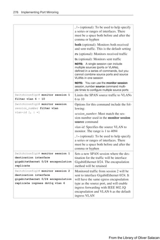 276 Implementing Port Mirroring
, | - (optional): To be used to help specify
a series or ranges of interfaces. There
must be a space both before and after the
comma or hyphen
both (optional): Monitors both received
and sent traffic. This is the default setting
rx (optional): Monitors received traffic
tx (optional): Monitors sent traffic
NOTE: A single session can include
multiple sources (ports or VLANs),
defined in a series of commands, but you
cannot combine source ports and source
VLANs in one session
NOTE: You can use the monitor session
session_number source command multi-
ple times to configure multiple source ports
Switch(config)# monitor session 1
filter vlan 6 - 10
Limits the SPAN source traffic to VLANs
6 to 10
Switch(config)# monitor session
session_number filter vlan
vlan-id [, | -]
Options for this command include the fol-
lowing:
session_number: Must match the ses-
sion number used in the monitor session
source command
vlan-id: Specifies the source VLAN to
monitor. The range is 1 to 4094
, | - (optional): To be used to help specify
a series or ranges of interfaces. There
must be a space both before and after the
comma or hyphen
Switch(config)# monitor session 1
destination interface
gigabitethernet 0/24 encapsulation
replicate
Sets a new SPAN session where the des-
tination for the traffic will be interface
GigabitEthernet 0/24. The encapsulation
method will be retained
Switch(config)# monitor session 2
destination interface
gigabitethernet 0/24 encapsulation
replicate ingress dot1q vlan 6
Monitored traffic from session 2 will be
sent to interface GigabitEthernet 0/24. It
will have the same egress encapsulation
type as the source port, and will enable
ingress forwarding with IEEE 802.1Q
encapsulation and VLAN 6 as the default
ingress VLAN
From the Library of Oliver Salacan
 