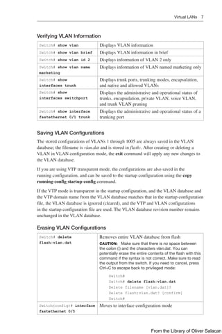 Virtual LANs 7  
Verifying VLAN Information
Switch# show vlan Displays VLAN information
Switch# show vlan brief Displays VLAN information in brief
Switch# show vlan id 2 Displays information of VLAN 2 only
Switch# show vlan name
marketing
Displays information of VLAN named marketing only
Switch# show
interfaces trunk
Displays trunk ports, trunking modes, encapsulation,
and native and allowed VLANs
Switch# show
interfaces switchport
Displays the administrative and operational status of
trunks, encapsulation, private VLAN, voice VLAN,
and trunk VLAN pruning
Switch# show interface
fastethernet 0/1 trunk
Displays the administrative and operational status of a
trunking port
Saving VLAN Configurations
The stored configurations of VLANs 1 through 1005 are always saved in the VLAN
database; the filename is vlan.dat and is stored in flash:. After creating or deleting a
VLAN in VLAN configuration mode, the exit command will apply any new changes to
the VLAN database.
If you are using VTP transparent mode, the configurations are also saved in the
running configuration, and can be saved to the startup configuration using the copy
running-config startup-config command.
If the VTP mode is transparent in the startup configuration, and the VLAN database and
the VTP domain name from the VLAN database matches that in the startup configuration
file, the VLAN database is ignored (cleared), and the VTP and VLAN configurations
in the startup configuration file are used. The VLAN database revision number remains
unchanged in the VLAN database.
Erasing VLAN Configurations
Switch# delete
flash:vlan.dat
Removes entire VLAN database from flash
CAUTION: Make sure that there is no space between
the colon (:) and the characters vlan.dat. You can
­
potentially erase the entire contents of the flash with this
command if the syntax is not correct. Make sure to read
the output from the switch. If you need to cancel, press
Ctrl+C to escape back to privileged mode:
Switch#
Switch# delete flash:vlan.dat
Delete filename [vlan.dat]?
Delete flash:vlan.dat? [confirm]
Switch#
Switch(config)# interface
fastethernet 0/5
Moves to interface configuration mode
From the Library of Oliver Salacan
 
