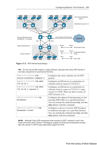 Configuring Network Time Protocol 283  
Internet
dl-1 dl-2 dl-3 dl-4
SD-1
Distribution Layer 2 or 3
Server Distribution L3
Server Access 2
Campus Backbone layer
3 backbone = L3 devices
CB-2
From Internet Time Servers
Server
server/client mode
broadcast/multicast
mode
peer mode
Client
CB-1
User Access Switches
Layer 2
SD-2
Server Client
Peer Peer
Figure 11-3 NTP Hierarchical Design
TIP: Do not use the flat model in a large network, because with many NTP servers it
can take a long time to synchronize the time.
Edmonton(config)# ntp
source-interface loopback 0
Configures the source interface for all NTP
packets
Edmonton(config)# ntp peer
172.16.21.1
Configures an IOS device to synchronize its
software clock to a peer at 172.16.21.1
Edmonton(config)# ntp peer
172.16.21.1 version 2
Configures an IOS device to synchronize its
software clock to a peer at 172.16.21.1 using
version 2 of NTP. There are three versions of
NTP (versions 2–4)
Edmonton(config-if)# ntp
broadcast
Configures the options for broadcasting or mul-
ticasting NTP traffic on a specified interface.
You can include the authentication key and ver-
sion options with this command
Edmonton(config-if)# ntp
broadcast client
Configures a device to receive NTP broadcast
or multicast messages on a specified interface.
You can include the authentication key and ver-
sion options with this command
NOTE: Although Cisco IOS recognizes three versions of NTP, versions 3 and 4 are
most commonly used. Version 4 introduces support for IPv6 and is backward compat-
ible with version 3. NTPv4 also adds DNS support for IPv6.
From the Library of Oliver Salacan
 