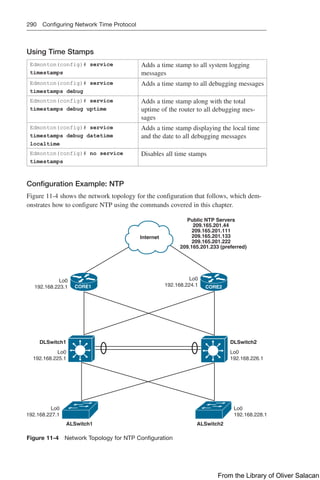 290 Configuring Network Time Protocol
Using Time Stamps
Edmonton(config)# service
timestamps
Adds a time stamp to all system logging
messages
Edmonton(config)# service
timestamps debug
Adds a time stamp to all debugging messages
Edmonton(config)# service
timestamps debug uptime
Adds a time stamp along with the total
uptime of the router to all debugging mes-
sages
Edmonton(config)# service
timestamps debug datetime
localtime
Adds a time stamp displaying the local time
and the date to all debugging messages
Edmonton(config)# no service
timestamps
Disables all time stamps
Configuration Example: NTP
Figure 11-4 shows the network topology for the configuration that follows, which dem-
onstrates how to configure NTP using the commands covered in this chapter.
ALSwitch1
Public NTP Servers
209.165.201.44
209.165.201.111
209.165.201.133
209.165.201.222
209.165.201.233 (preferred)
ALSwitch2
DLSwitch2
DLSwitch1
Lo0
192.168.224.1
Lo0
192.168.223.1
Lo0
192.168.225.1
Lo0
192.168.226.1
Lo0
192.168.228.1
Lo0
192.168.227.1
CORE1 CORE2
Internet
Figure 11-4 Network Topology for NTP Configuration
From the Library of Oliver Salacan
 
