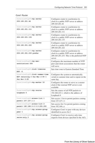 Configuring Network Time Protocol 291  
Core1 Router
Core1(config)# ntp server
209.165.201.44
Configures router to synchronize its
clock to a public NTP server at address
209.165.201.44
Core1(config)# ntp server
209.165.201.111
Configures router to synchronize its
clock to a public NTP server at address
209.165.201.111
Core1(config)# ntp server
209.165.201.133
Configures router to synchronize its
clock to a public NTP server at address
209.165.201.133
Core1(config)# ntp server
209.165.201.222
Configures router to synchronize its
clock to a public NTP server at address
209.165.201.222
Core1(config)# ntp server
209.165.201.233 prefer
Configures router to synchronize its
clock to a public NTP server at address
209.165.201.233. This is the preferred NTP
server
Core1(config)# ntp max-
associations 200
Configures the maximum number of NTP
peer-and-client associations that the router
will serve
Core1(config)# clock timezone
EST -5
Sets time zone to Eastern Standard Time
Core1(config)# clock summer-time
EDT recurring 2 Sun Mar 2:00 1
Sun Nov 2:00
Configures the system to automatically
switch to summer time and to repeat on the
same day
Core1(config)# ntp master 10 Configures the router to serve as a master
clock if the external NTP server is not
available
Core1(config)# ntp source
Loopback 0
Sets the source of all NTP packets to
192.168.223.1, which is the address of
Loopback 0
Core1(config)# access-list 1
permit 127.127.1.1
Sets access 1 list to permit packets coming
from 127.127.1.1
Core1(config)# access-list 2
permit 192.168.0.0 0.0.255.255
Sets access list 2 to permit packets coming
from 192.168.x.x
Core1(config)# ntp access-group
peer 1
Configures Core1 to peer with any devices
identified in access list 1
Core1(config)# ntp access-group
serve-only 2
Configures Core1 to receive only time
requests from devices specified in the ACL
From the Library of Oliver Salacan
 