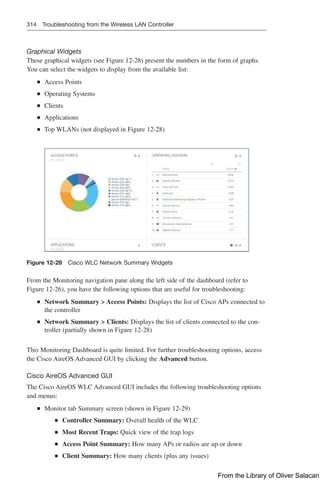 314 Troubleshooting from the Wireless LAN Controller
Graphical Widgets
These graphical widgets (see Figure 12-28) present the numbers in the form of graphs.
You can select the widgets to display from the available list:
Q
Q Access Points
Q
Q Operating Systems
Q
Q Clients
Q
Q Applications
Q
Q Top WLANs (not displayed in Figure 12-28)
Figure 12-28 Cisco WLC Network Summary Widgets
From the Monitoring navigation pane along the left side of the dashboard (refer to
Figure 12-26), you have the following options that are useful for troubleshooting:
Q
Q Network Summary  Access Points: Displays the list of Cisco APs connected to
the controller
Q
Q Network Summary  Clients: Displays the list of clients connected to the con-
troller (partially shown in Figure 12-28)
This Monitoring Dashboard is quite limited. For further troubleshooting options, access
the Cisco AireOS Advanced GUI by clicking the Advanced button.
Cisco AireOS Advanced GUI
The Cisco AireOS WLC Advanced GUI includes the following troubleshooting options
and menus:
Q
Q Monitor tab Summary screen (shown in Figure 12-29)
Q
Q Controller Summary: Overall health of the WLC
Q
Q Most Recent Traps: Quick view of the trap logs
Q
Q Access Point Summary: How many APs or radios are up or down
Q
Q Client Summary: How many clients (plus any issues)
From the Library of Oliver Salacan
 
