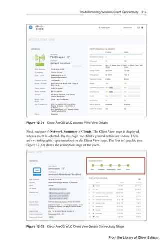 Troubleshooting Wireless Client Connectivity 319  
Figure 12-31 Cisco AireOS WLC Access Point View Details
Next, navigate to Network Summary  Clients. The Client View page is displayed
when a client is selected. On this page, the client’s general details are shown. There
are two infographic representations on the Client View page. The first infographic (see
Figure 12-32) shows the connection stage of the client.
Figure 12-32 Cisco AireOS WLC Client View Details Connectivity Stage
From the Library of Oliver Salacan
 