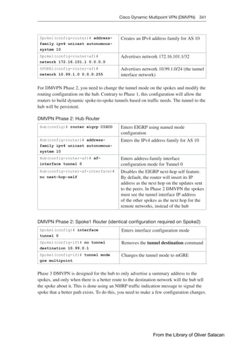 Cisco Dynamic Multipoint VPN (DMVPN) 341  
Spoke1(config-router)# address-
family ipv4 unicast autonomous-
system 10
Creates an IPv4 address family for AS 10
Spoke1(config-router-af)#
network 172.16.101.1 0.0.0.0
Advertises network 172.16.101.1/32
SPOKE1(config-router-af)#
network 10.99.1.0 0.0.0.255
Advertises network 10.99.1.0/24 (the tunnel
interface network)
For DMVPN Phase 2, you need to change the tunnel mode on the spokes and modify the
routing configuration on the hub. Contrary to Phase 1, this configuration will allow the
routers to build dynamic spoke-to-spoke tunnels based on traffic needs. The tunnel to the
hub will be persistent.
DMVPN Phase 2: Hub Router
Hub(config)# router eigrp CISCO Enters EIGRP using named mode
configuration
Hub(config-router)# address-
family ipv4 unicast autonomous-
system 10
Enters the IPv4 address family for AS 10
Hub(config-router-af)# af-
interface tunnel 0
Enters address-family interface
configuration mode for Tunnel 0
Hub(config-router-af-interface)#
no next-hop-self
Disables the EIGRP next-hop self feature.
By default, the router will insert its IP
address as the next hop on the updates sent
to the peers. In Phase 2 DMVPN the spokes
must see the tunnel interface IP address
of the other spokes as the next hop for the
remote networks, instead of the hub
DMVPN Phase 2: Spoke1 Router (identical configuration required on Spoke2)
Spoke1(config)# interface
tunnel 0
Enters interface configuration mode
Spoke1(config-if)# no tunnel
destination 10.99.0.1
Removes the tunnel destination command
Spoke1(config-if)# tunnel mode
gre multipoint
Changes the tunnel mode to mGRE
Phase 3 DMVPN is designed for the hub to only advertise a summary address to the
spokes, and only when there is a better route to the destination network will the hub tell
the spoke about it. This is done using an NHRP traffic indication message to signal the
spoke that a better path exists. To do this, you need to make a few configuration changes.
From the Library of Oliver Salacan
 