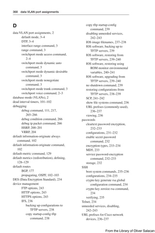 368 data VLAN port assignments
D
data VLAN port assignments, 2
default mode, 3–4
DTP, 3–4
interface range command, 3
range command, 3
switchport mode access command,
2–4
switchport mode dynamic auto
command, 3
switchport mode dynamic desirable
command, 3
switchport mode nonegotiate
command, 3
switchport mode trunk command, 3
switchport voice command, 2–3
database mode (VLANs), 2
dead interval timers, 101–102
debugging
debug command, 111, 217,
265–266
debug condition command, 266
debug ip packet command, 266
HSRP, 200–201
VRRP, 204
default information-originate always
command, 102
default information-originate command,
102
default-metric command, 129
default metrics (redistribution), defining,
128–129
default routes
BGP, 177
propagating, OSPF, 102–103
DES (Data Encryption Standard), 234
device management
FTP options, 243
HTTP options, 243
HTTPS options, 243
IFS, 236
backing up configurations to
TFTP servers, 238
copy startup-config tftp
command, 238
copy tftp startup-config
command, 239
disabling unneeded services,
242–243
IOS image filenames, 237–238
IOS software, backing up to
TFTP servers, 239
IOS software, restoring from
TFTP servers, 239–240
IOS software, restoring using
ROM monitor environmental
variables, 240–241
IOS software, upgrading from
TFTP servers, 239–240
no shutdown command, 239
restoring configurations from
TFTP servers, 238–239
SCP, 241–242
show file systems command, 236
URL prefixes (commonly-used),
236–237
viewing, 236
passwords
cleartext password encryption,
232–233
configurations, 231–232
enable secret password
command, 232
encryption types, 233–234
MD5, 233
service password-encryption
command, 232–233
storage, 232
SSH
boot system commands, 235–236
configurations, 234–235
crypto key generate rsa global
configuration command, 234
crypto key zeroize rsa command,
234
verifying, 235
Telnet, 234
unneeded services, disabling,
242–243
URL prefixes for Cisco network
devices, 236–237
From the Library of Oliver Salacan
 