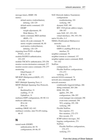 network assurance 377  
message timers, HSRP, 196
metrics
default metrics (redistribution),
defining, 128–129
default-metric command, 129
EIGRP
weight adjustments, 80
Wide Metrics, 79
metric command, MED attribute
(BGP), 171
metric rib-scale command, 79
metric weights command, 66, 80
seed metrics (redistribution),
defining, 128–129
migrating from PVST+ to Rapid
PVST+, 43–44
modular RADIUS authentication,
253–255
modular TACACS+ authentication, 255–256
monitor session destination command, 277
monitor session source command, 276–277
monitoring
EtherChannel, 17
IP SLAs, 150
MP-BGP (Multiprotocol-BGP), 157,
159–160
MST (Multiple Spanning Tree), 6
MSTP (Multiple Spanning Tree Protocol),
24–25
BackboneFast, 31
enabling, 37–38
UplinkFast, 31
multiarea OSPF configurations, 89–90 114
multicast addressing
IPv4, 64
IPv6, 64
multihop, EBGP, 162–163
multilayer switches, inter-VLAN routing,
46–47
N
named mode (EIGRP)
authentication, 68–70
configurations, 64–66, 83
NAT (Network Address Translation)
configurations
troubleshooting, 191
verifying, 190
dynamic NAT, 188
RFC 1918 private address ranges,
186–187
static NAT, 187, 193–194
virtual interfaces, 190, 193–194
native VLANs, 2–3
NBMA (Nonbroadcast Multiaccess)
networks
hello timers, 102
OSPFv3, enabling IPv6 on an
interface, 92
neighbor command, 79
neighbor remote-as command, 157
neighbor update-source command, BGP,
161–162
NetFlow
configurations, 271
Flexible NetFlow configurations,
272–273
verifying, 273
network 0.0.0.0 command, 74
network area command, 89–90
network assurance
conditionally triggered debugs, 266
debug command, 265–266
EEM, 295–296
applets, 295, 298
configurations, 296–297
event manager run command, 298
event none command, 298
TCL scripting, 295, 298
verifying, 298
Flexible NetFlow
flow exporter, 272
flow monitors, 272–273
flow records, 272
ICMP redirect messages, 262
logging, configurations, 271
NetFlow
Flexible NetFlow configurations,
272–273
verifying, 273
From the Library of Oliver Salacan
 