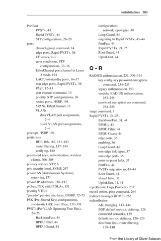 redistribution 383  
PortFast
PVST+, 44
Rapid PVST+, 44
STP configurations, 28–29
ports
channel-group command, 14
edge ports, Rapid PVST+, 36
EF values, 2–3
error conditions, STP
configurations, 33–36
EtherChannel port channel in Layer
3 mode, 194
LACP, hot-standby ports, 16–17
non-edge ports, Rapid PVST+, 36
PAgP, 12–13
port channel command, 14
priority, STP configurations, 26
routed ports, HSRP, 194
SPANs, EtherChannel, 13
VLANs
data VLAN port assignments,
2–4
voice VLAN port assignments,
2–4
preempt, HSRP, 196
prefix lists
BGP, 166–167, 181–182
route filtering, 137–140
verifying, 140
pre-shared keys, authentication, wireless
clients, 306–308
primary servers, VTP, 6
priv security level, SNMP, 267
private AS (Autonomous Systems),
removing, 171
private IP addresses, 186–187
probes, PBR with IP SLAs, 151
pruning VTP, 6
“pseudo” passive interfaces, EIGRP, 72–73
PSK (Pre-Shared Key) configurations,
site-to-site GRE over IPsec, 337–338
PVST+(Per VLAN Spanning Tree Plus),
24–25
BackboneFast, 44
BPDU Filter, 44
BPDU Guard, 44
configurations
network topologies, 40
Loop Guard, 44
migrating to Rapid PVST+, 43–44
PortFast, 44
Rapid PVST+, 24, 25
Root Guard, 44
UplinkFast, 44
Q - R
RADIUS authentication, 253, 309–314
key config-key password-encryption
command, 254–255
legacy authentication, 253
modular RADIUS authentication,
253–255
password encryption aes command,
254–255
range command, 3
Rapid PVST+, 24–25
BackboneFast, 31, 44
BPDUs, 43
BPDU Filter, 44
BPDU Guard, 44
edge ports, 36
enabling, 36
Loop Guard, 44
non-edge link types, 37
non-edge ports, 36
point-to-point links, 37
PortFast, 44
PVST+ migration to, 43–44
Root Guard, 44
shared links, 37
UplinkFast, 31, 44
rcp (Remote Copy Protocol), 237
record option, ping command, 264
redirect messages (ICMP), 262
redistribution
AD, changing, 143–144
BGP, default metrics, defining, 128
connected networks, 129
default metrics, defining, 128–129
distribute lists, route filtering,
139–140
From the Library of Oliver Salacan
 