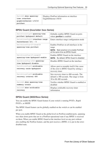 Configuring Optional Spanning-Tree Features 29  
Switch# show spanning-
tree interface
gigabitethernet 1/0/10
portfast
Displays PortFast information on interface
GigabitEthernet 1/0/10
BPDU Guard (2xxx/older 3xxx Series)
Switch(config)# spanning-tree
portfast bpduguard default
Globally enables BPDU Guard on ports
where portfast is enabled
Switch(config)# interface range
fastethernet 0/1 - 5
Enters interface range configuration mode
Switch(config-if-range)#
spanning-tree portfast
Enables PortFast on all interfaces in the
range
NOTE: Best practice is to enable PortFast
at the same time as BPDU Guard
Switch(config-if-range)#
spanning-tree bpduguard enable
Enables BPDU Guard on the interface
NOTE: By default, BPDU Guard is disabled
Switch(config-if)# spanning-
tree bpduguard disable
Disables BPDU Guard on the interface
Switch(config)# errdisable
recovery cause bpduguard
Allows port to reenable itself if the cause
of the error is BPDU Guard by setting a
­
recovery timer
Switch(config)# errdisable
recovery interval 400
Sets recovery timer to 400 seconds. The
default is 300 seconds. The range is from
30 to 86 400 seconds
Switch# show spanning-tree
summary totals
Verifies whether BPDU Guard is enabled or
disabled
Switch# show errdisable
recovery
Displays errdisable recovery timer
­
information
BPDU Guard (3650/9xxx Series)
You can enable the BPDU Guard feature if your switch is running PVST+, Rapid
PVST+, or MSTP.
The BPDU Guard feature can be globally enabled on the switch or can be enabled
per port.
When you enable BPDU Guard at the global level on PortFast-enabled ports, spanning
tree shuts down ports that are in a PortFast-operational state if any BPDU is received
on them. When you enable BPDU Guard at the interface level on any port without
also enabling the PortFast feature, and the port receives a BPDU, it is put in the error-
disabled state.
From the Library of Oliver Salacan
 