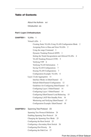 v  
Table of Contents
About the Authors xvi
Introduction xix
Part I: Layer 2 Infrastructure
CHAPTER 1 VLANs 1
Virtual LANs 1
Creating Static VLANs Using VLAN Configuration Mode 2
Assigning Ports to Data and Voice VLANs 2
Using the range Command 3
Dynamic Trunking Protocol (DTP) 3
Setting the Trunk Encapsulation and Allowed VLANs 4
VLAN Trunking Protocol (VTP) 5
Verifying VTP 6
Verifying VLAN Information 7
Saving VLAN Configurations 7
Erasing VLAN Configurations 7
Configuration Example: VLANs 8
Layer 2 Link Aggregation 11
Interface Modes in EtherChannel 12
Default EtherChannel Configuration 12
Guidelines for Configuring EtherChannel 12
Configuring Layer 2 EtherChannel 14
Configuring Layer 3 EtherChannel 14
Configuring EtherChannel Load Balancing 15
Configuring LACP Hot-Standby Ports 16
Monitoring and Verifying EtherChannel 17
Configuration Example: EtherChannel 18
CHAPTER 2 Spanning Tree Protocol 23
Spanning Tree Protocol Definition 24
Enabling Spanning Tree Protocol 24
Changing the Spanning-Tree Mode 25
Configuring the Root Switch 25
Configuring a Secondary Root Switch 26
Configuring Port Priority 26
Configuring the Path Cost 27
From the Library of Oliver Salacan
 