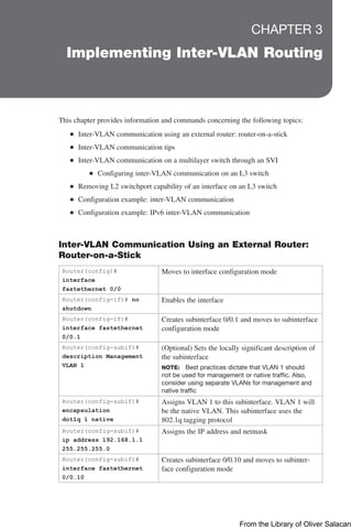 CHAPTER 3
Implementing Inter-VLAN Routing
This chapter provides information and commands concerning the following topics:
■
■ Inter-VLAN communication using an external router: router-on-a-stick
■
■ Inter-VLAN communication tips
■
■ Inter-VLAN communication on a multilayer switch through an SVI
■
■ Configuring inter-VLAN communication on an L3 switch
■
■ Removing L2 switchport capability of an interface on an L3 switch
■
■ Configuration example: inter-VLAN communication
■
■ Configuration example: IPv6 inter-VLAN communication
Inter-VLAN Communication Using an External Router:
Router-on-a-Stick
Router(config)#
interface
fastethernet 0/0
Moves to interface configuration mode
Router(config-if)# no
shutdown
Enables the interface
Router(config-if)#
interface fastethernet
0/0.1
Creates subinterface 0/0.1 and moves to subinterface
configuration mode
Router(config-subif)#
description Management
VLAN 1
(Optional) Sets the locally significant description of
the subinterface
NOTE: Best practices dictate that VLAN 1 should
not be used for management or native traffic. Also,
consider using separate VLANs for management and
native traffic
Router(config-subif)#
encapsulation
dot1q 1 native
Assigns VLAN 1 to this subinterface. VLAN 1 will
be the native VLAN. This subinterface uses the
802.1q tagging protocol
Router(config-subif)#
ip address 192.168.1.1
255.255.255.0
Assigns the IP address and netmask
Router(config-subif)#
interface fastethernet
0/0.10
Creates subinterface 0/0.10 and moves to subinter-
face configuration mode
From the Library of Oliver Salacan
 